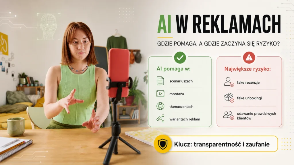Grafika wyjaśniająca wykorzystanie AI w reklamach, pokazująca gdzie sztuczna inteligencja pomaga w marketingu, a gdzie pojawia się ryzyko fake UGC, fałszywych recenzji i utraty zaufania klientów.