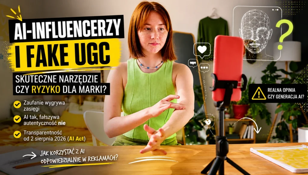 Grafika przedstawiająca temat AI-influencerów i fake UGC w reklamach. Na zdjęciu kobieta nagrywająca materiał wideo, obok elementy związane z AI-generated content, ryzykiem utraty zaufania i transparentnością w marketingu.