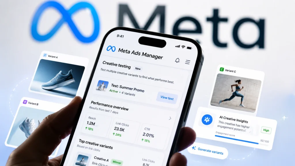Meta Ads Manager na telefonie z widokiem testowania kreacji AI i wariantów reklam