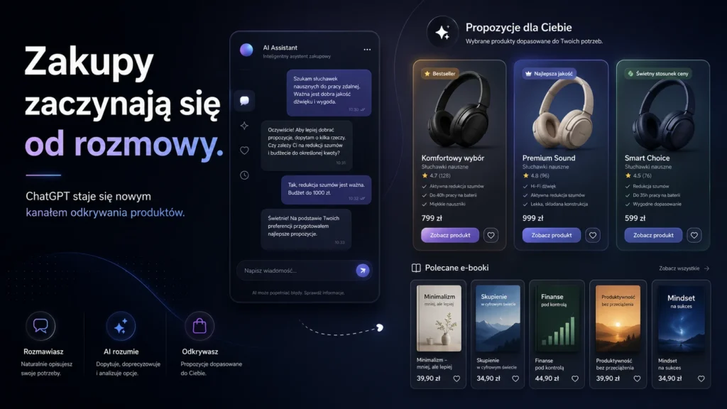 Grafika pokazująca, jak ChatGPT może stać się kanałem odkrywania produktów w e-commerce. Po lewej widoczna jest rozmowa z AI, a po prawej rekomendacje produktów i e-booków.