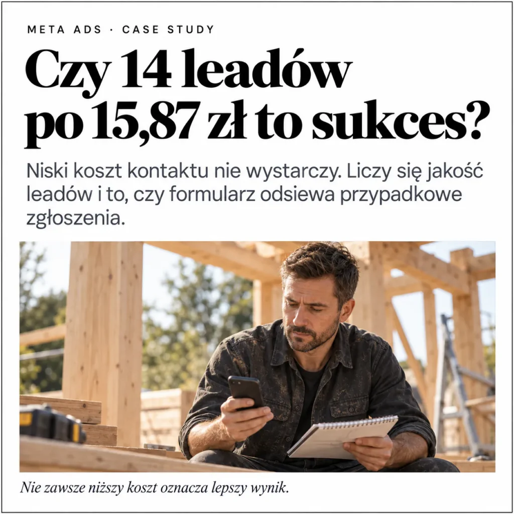 Wykonawca na budowie sprawdzający telefon – case study Meta Ads: 14 leadów po 15,87 zł