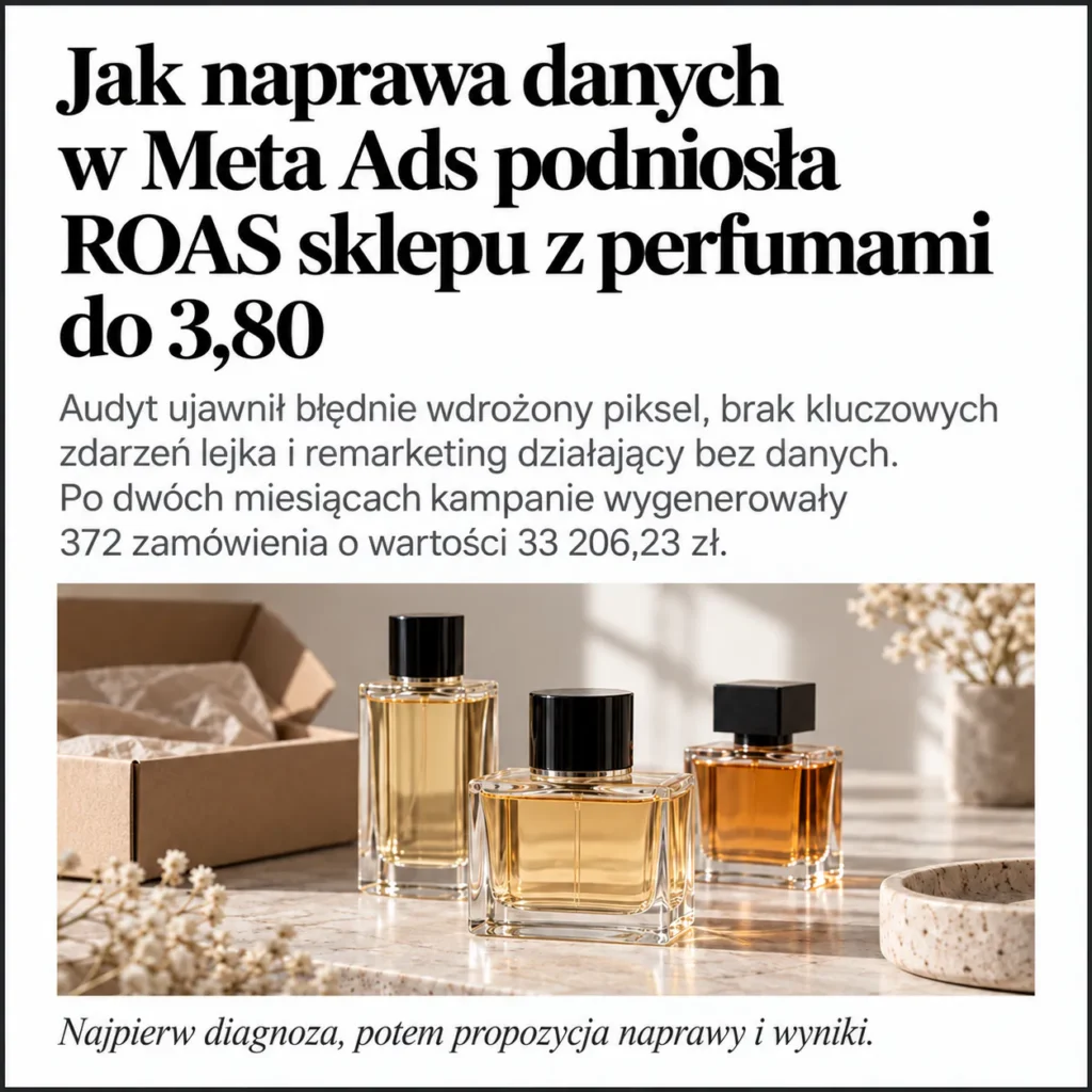 Grafika case study Meta Ads dla sklepu z perfumami – naprawa danych podniosła ROAS do 3,80