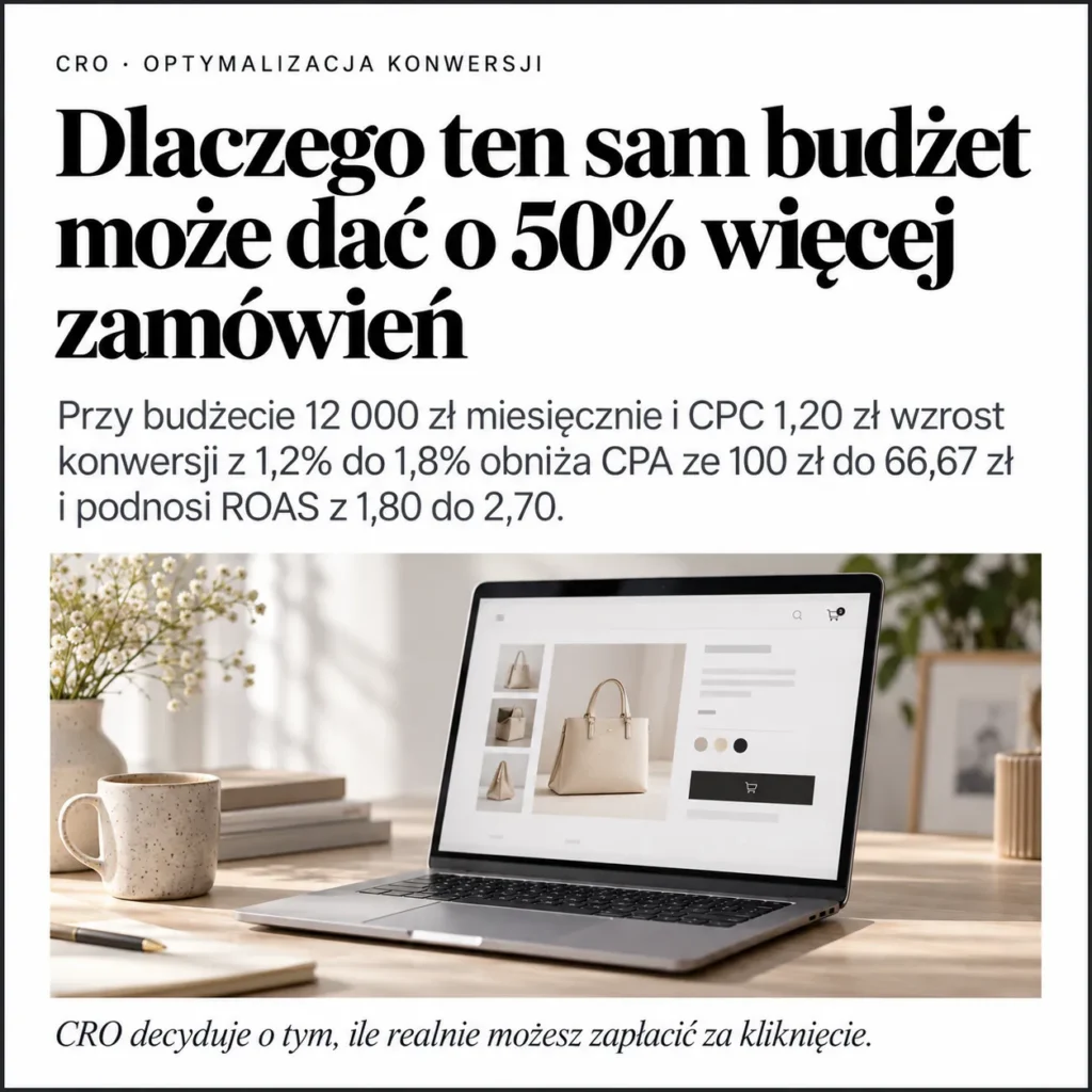 Laptop ze stroną sklepu internetowego ilustrujący wpływ CRO na konwersję i ROAS