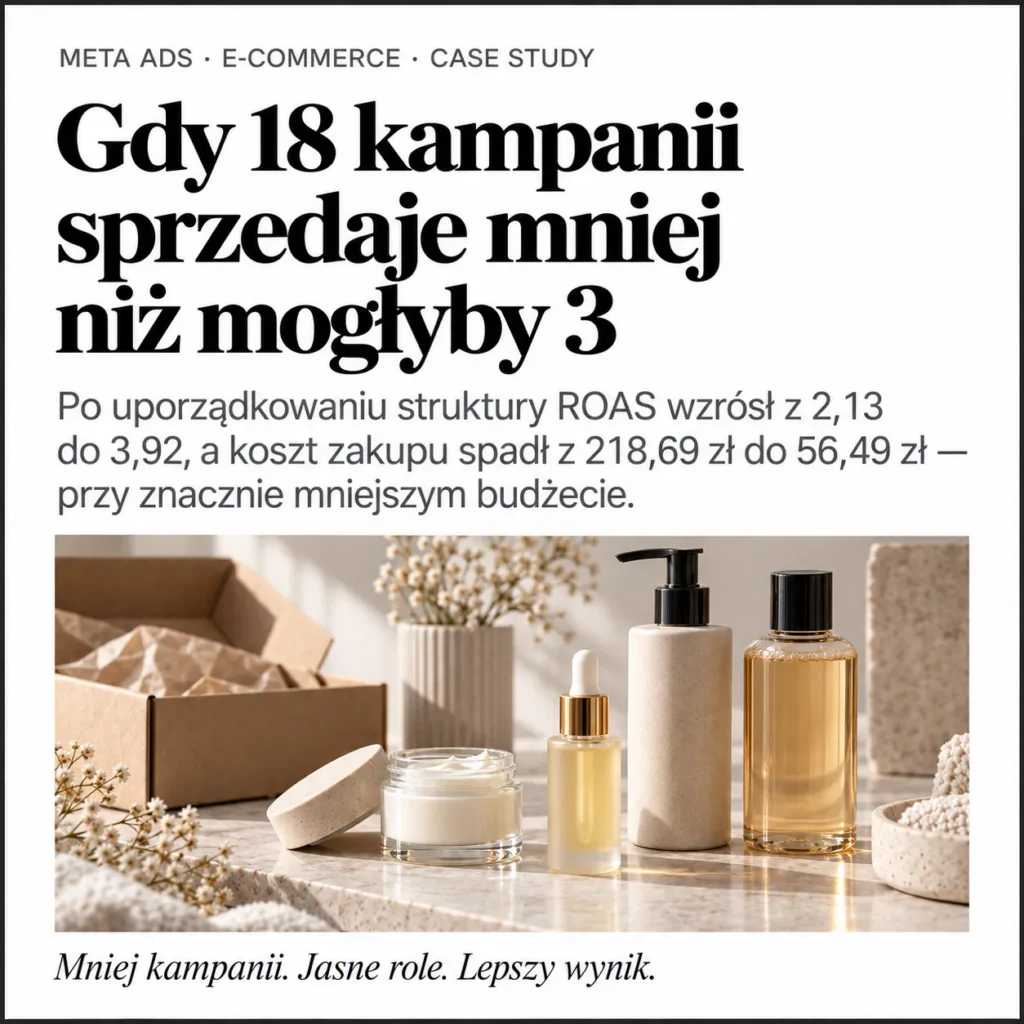 Kosmetyki na jasnym blacie – case study uporządkowania 18 kampanii Meta Ads w e-commerce